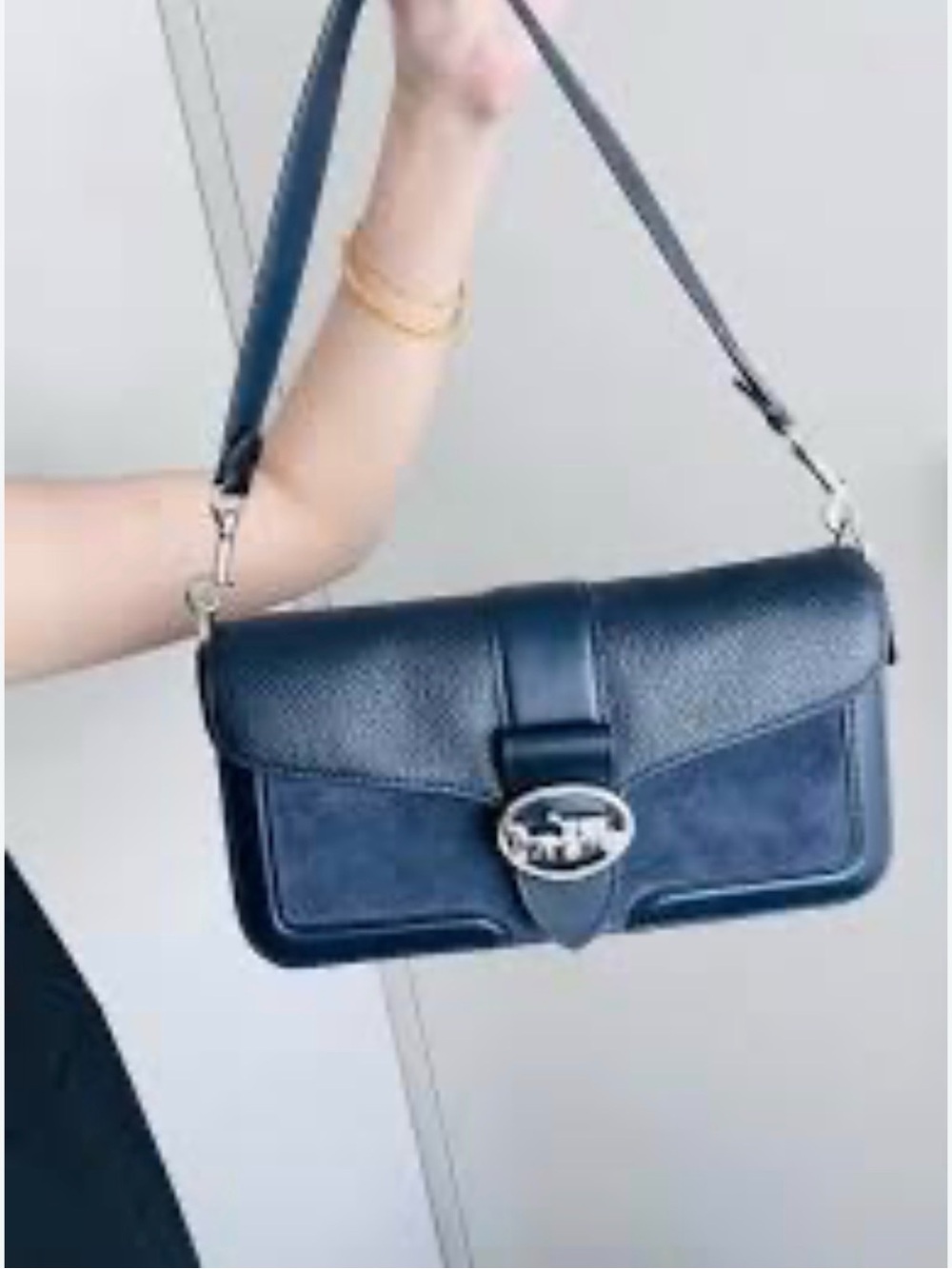 Coach Georgia Navy Blue Pebbled Leather & Suede Shoulder Bag
